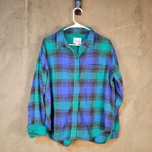 American Eagle Flannel Shirt M Green Blue‎ Plaid Corduroy Grunge 90s Oversized